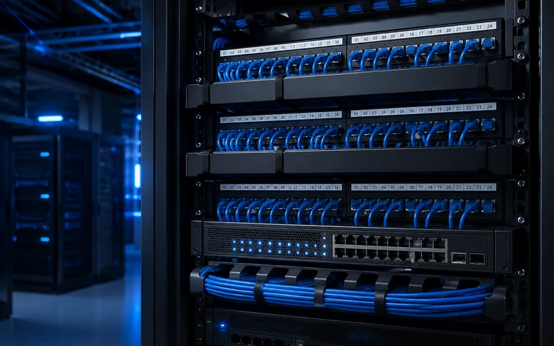 Clean structured cabling rack with patch panels and blue cabling
